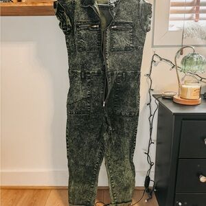Hell Bunny Washed Black and Green Slim Straight Jeans Jumpsuit